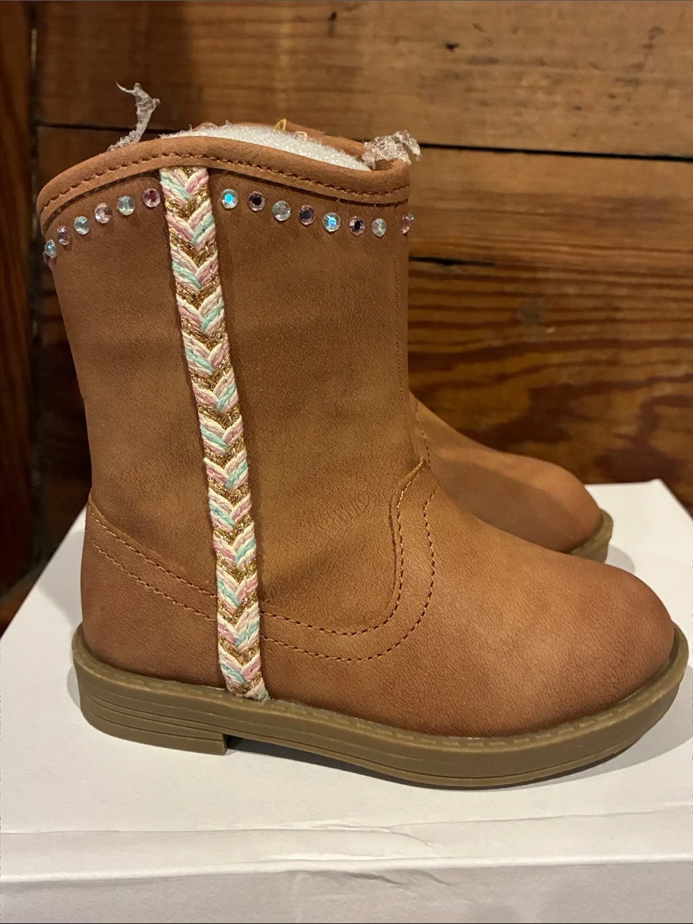 NIB Jessica Simpson Girls Cognac Pink Braided Trim Western Boots Sz 5